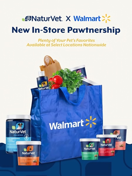 This static image features a collection of NaturVet pet supplements emerging from a Walmart shopping bag to highlight their new in-store availability.